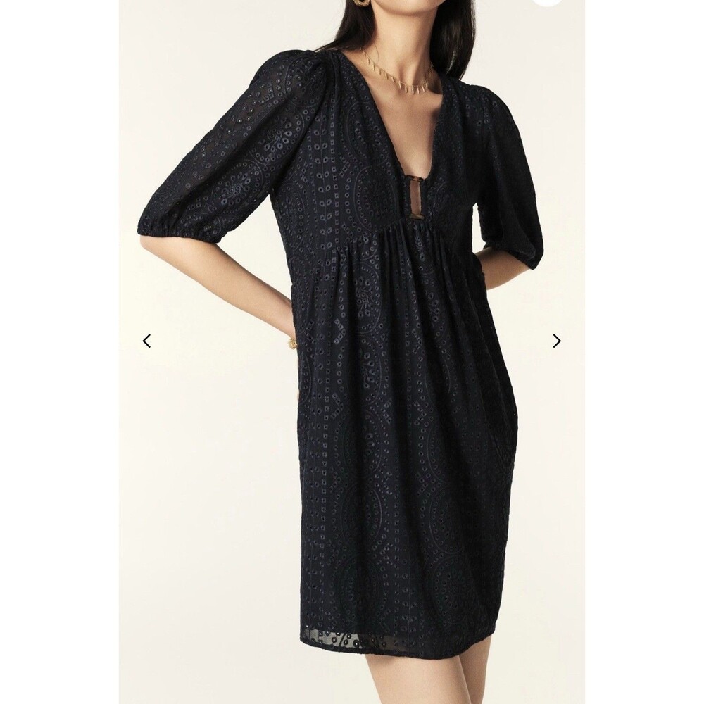 Ba&sh Brancia Short Navy Dress Flared Eyelet Sz M US 6 Quiet Luxury V Neck  $345 - Picture 15 of 16